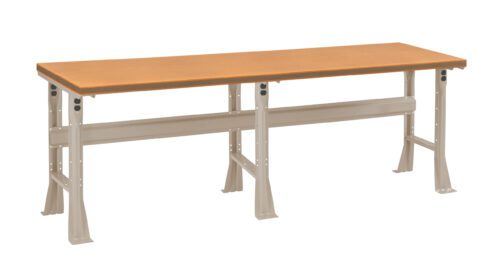 x4uw0grqjkqwpaednkvv.jpg A long, industrial-style workbench featuring a wooden tabletop and sturdy, adjustable metal legs in a neutral color. The design is simple and functional, suitable for various workshop or garage environments.