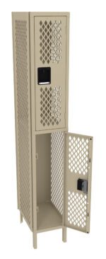 A beige double-tier metal locker with ventilation holes. The top compartment is closed, and the bottom compartment is open, showing an empty interior. Both compartments have black handles.