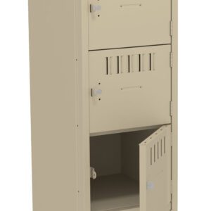 A beige metal storage locker with four compartments. The locker has vented doors, and one compartment is open.