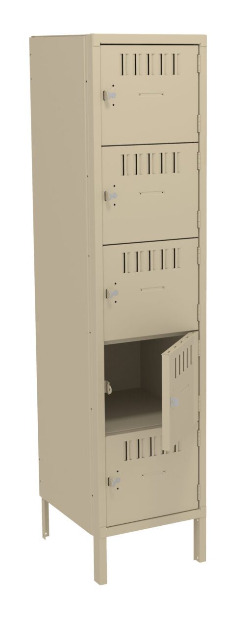 A beige metal storage locker with four compartments. The locker has vented doors, and one compartment is open.