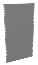 A vertical, gray, perforated metal plate with evenly spaced holes along the long edges. There are two larger holes near the top, designed for mounting. The plate is angled slightly to the right.