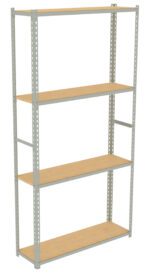 Metal storage rack with four wooden shelves. The frame is light gray with perforated beams, and the shelves are made of light brown wood. The rack is empty and stands against a plain white background.