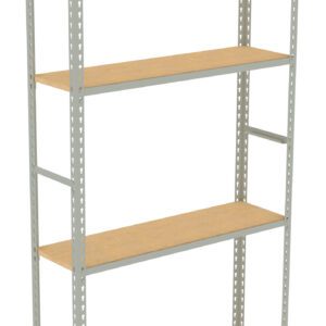 Metal storage rack with four wooden shelves. The frame is light gray with perforated beams, and the shelves are made of light brown wood. The rack is empty and stands against a plain white background.