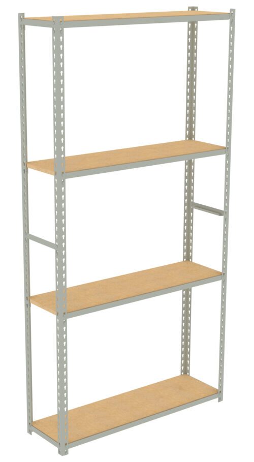 Metal storage rack with four wooden shelves. The frame is light gray with perforated beams, and the shelves are made of light brown wood. The rack is empty and stands against a plain white background.
