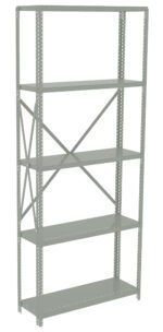 A tall, metal shelving unit with five adjustable shelves, featuring a light gray finish and a cross-bracing for stability at the back. The shelves are perforated with holes along the edges for easy customization.