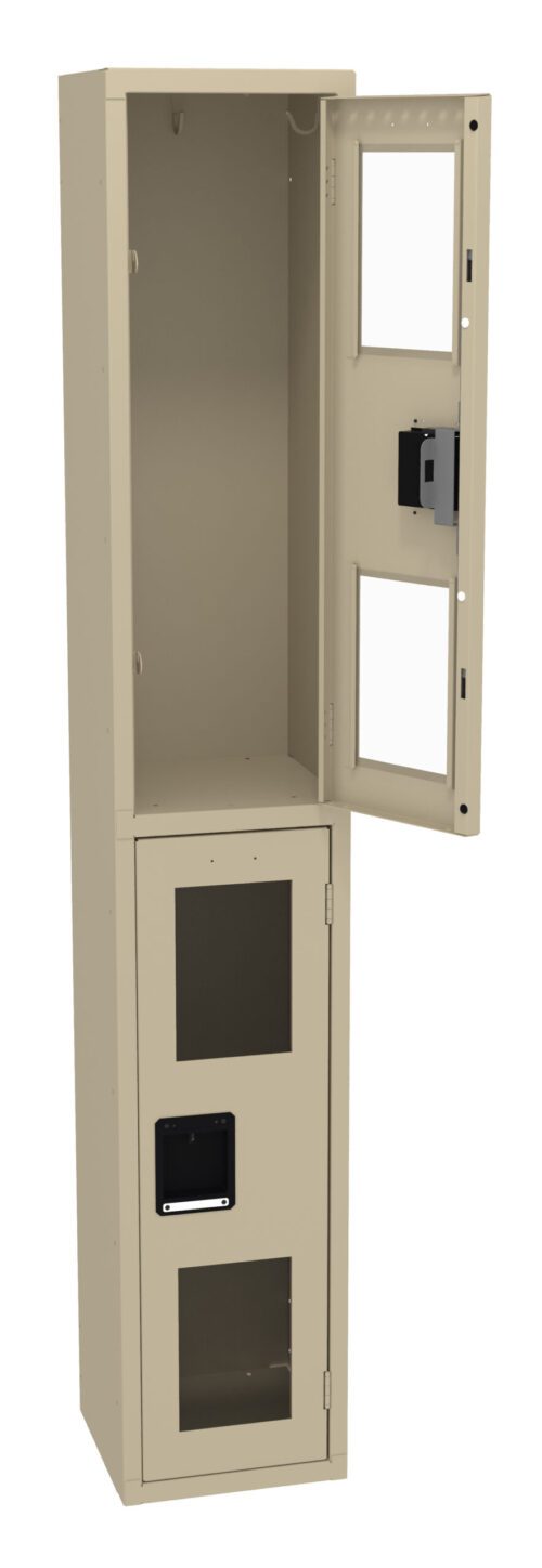 x7elkw4dmbfjvhofzxjg.jpg Tall beige locker with an open top compartment and a closed bottom compartment. Both have glass windows, and the top has a mounted device inside. The design is industrial and minimalist.