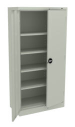 An open, light gray metal cabinet with multiple shelves and a partially open door. The cabinet features adjustable shelving options and a round black handle.