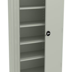 An open, light gray metal cabinet with multiple shelves and a partially open door. The cabinet features adjustable shelving options and a round black handle.