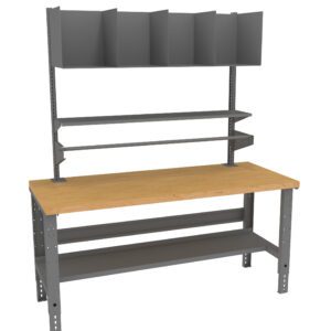 A sturdy workbench with a wooden tabletop and a metal frame. It features a top shelf with five vertical dividers and two horizontal metal shelves beneath. The design is industrial and practical, suitable for workshops or garages.