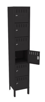 Tall black metal storage locker with six compartments, each having a handle and lock. The third compartment from the top is open, showing the interior. The locker stands on four legs.