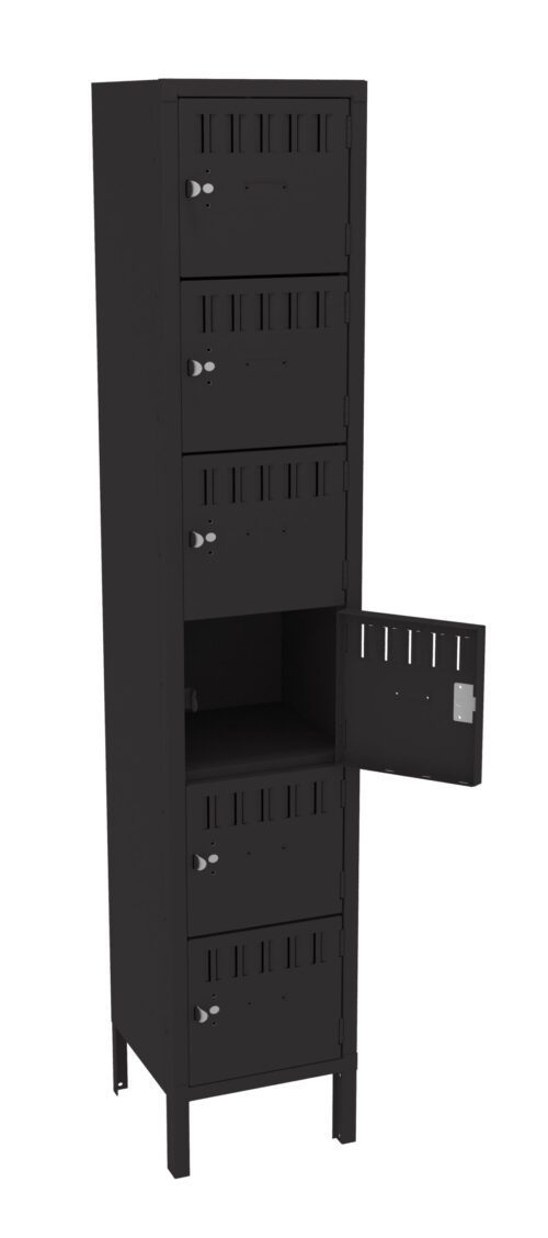 Tall black metal storage locker with six compartments, each having a handle and lock. The third compartment from the top is open, showing the interior. The locker stands on four legs.