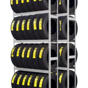 A metal rack filled with multiple rows of black car tires, each labeled with a yellow sticker, organized in three levels. The tires are neatly arranged to maximize storage space.