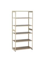 A tall, beige metal shelving unit with six open shelves, designed for storage or organization. The shelves are evenly spaced, and the unit has a minimalist design suitable for homes or offices.