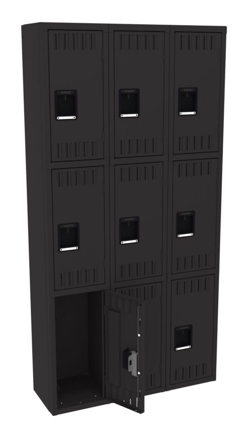 x9uwjiyx2ml5yow5j1g7.jpg A black set of lockers arranged in a 3x3 grid. Each locker has a handle and ventilation slots. The bottom left locker is open, revealing an empty compartment.