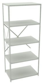 A tall, gray metal shelving unit with five adjustable shelves and a cross-brace for stability. The unit is empty and designed for storage or organization, suitable for use in homes, offices, or warehouses.