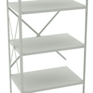 A tall, gray metal shelving unit with five adjustable shelves and a cross-brace for stability. The unit is empty and designed for storage or organization, suitable for use in homes, offices, or warehouses.