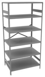 A tall, gray metal shelving unit with six shelves, supported by four vertical posts. The shelves are evenly spaced and the unit has a cross-brace on the back for stability.