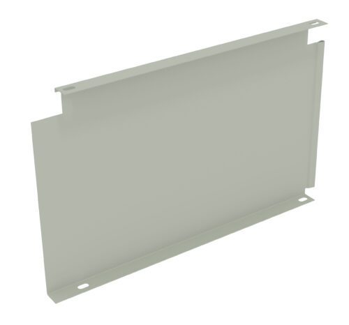 xa2atk8pmdrekxctns9i.jpg A rectangular metal panel with a light gray finish, featuring two small holes at the top corners and a vertical ledge along one side.