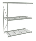 A metal storage rack with three wire mesh shelves. The rack is gray and shown on a white background, designed for heavy-duty storage use in warehouses or garages.