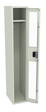Open, light gray metal locker with a single compartment, showcasing an empty interior, a shelf with a hook, and a glass-panel door with a lock.