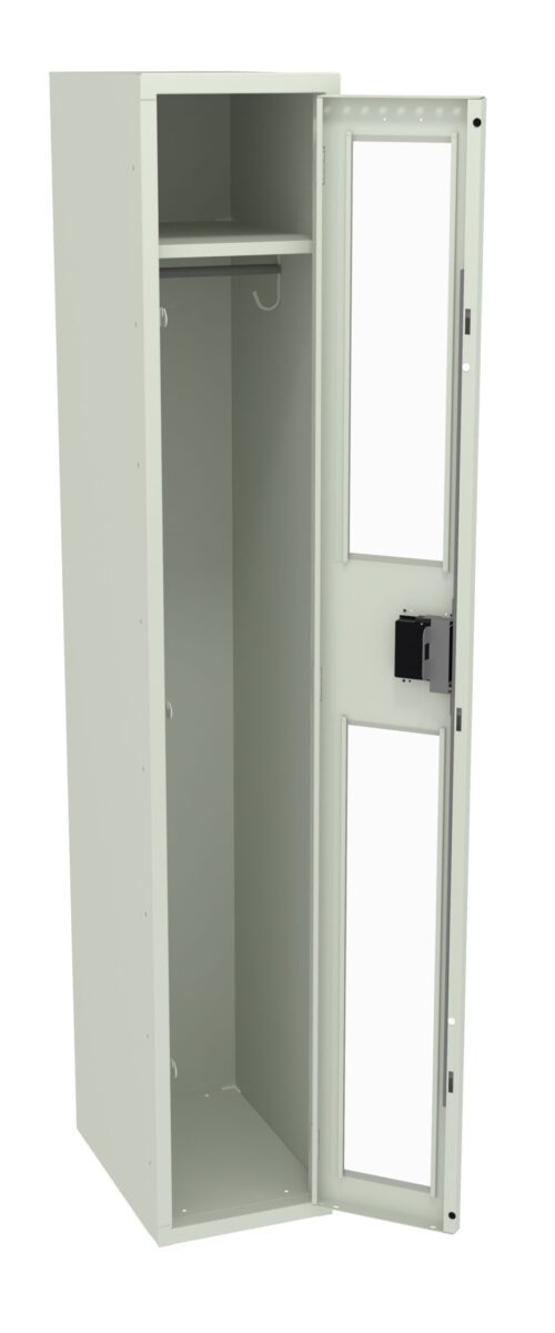Open, light gray metal locker with a single compartment, showcasing an empty interior, a shelf with a hook, and a glass-panel door with a lock.