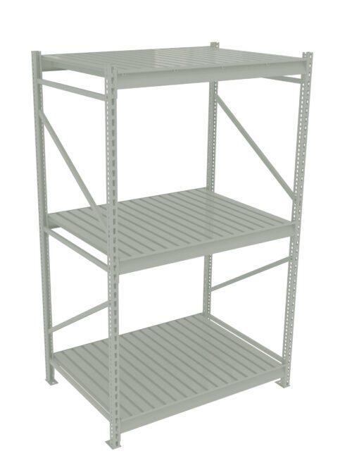 A metal shelving unit with three tiers and vertical support beams, featuring interlocking grid shelves. The shelving is gray and has a simple, industrial design suitable for storage or organization.
