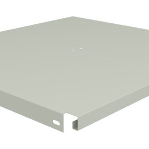 The image shows a flat, rectangular gray shelf with a tapered edge and notch on the side. The shelf has a loop handle on the front and appears to be made of metal.