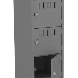 A tall, gray metal storage locker with four compartments. Each compartment has a vented door with a round handle. The third compartments door is slightly open, revealing an empty space inside.