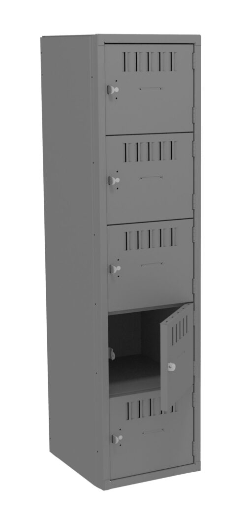 A tall, gray metal storage locker with four compartments. Each compartment has a vented door with a round handle. The third compartments door is slightly open, revealing an empty space inside.