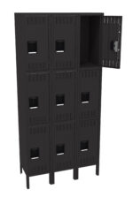 Black metal locker with nine compartments arranged in a 3x3 grid. The top right compartment is open, showing an empty interior. Each compartment features a small rectangular handle and a ventilation slot. The locker stands on four legs.
