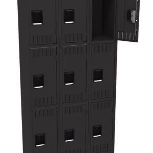 Black metal locker with nine compartments arranged in a 3x3 grid. The top right compartment is open, showing an empty interior. Each compartment features a small rectangular handle and a ventilation slot. The locker stands on four legs.