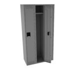 A gray, industrial-style metal locker with two compartments is shown. One door is open, revealing an empty interior with a hook, while the other door is closed. Both doors have ventilation slits and black handles.