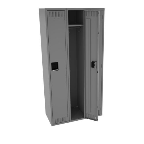 A gray, industrial-style metal locker with two compartments is shown. One door is open, revealing an empty interior with a hook, while the other door is closed. Both doors have ventilation slits and black handles.