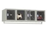 Wall-mounted storage unit with three compartments. The first contains a soccer ball, the second is empty with the door open, and the third holds a football. Compartments have transparent doors and secure locks.