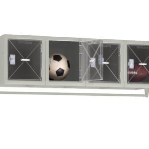 Wall-mounted storage unit with three compartments. The first contains a soccer ball, the second is empty with the door open, and the third holds a football. Compartments have transparent doors and secure locks.