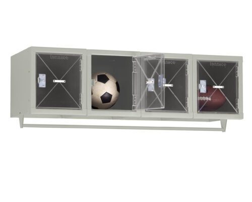 Wall-mounted storage unit with three compartments. The first contains a soccer ball, the second is empty with the door open, and the third holds a football. Compartments have transparent doors and secure locks.