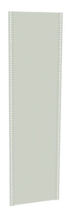 A plain, rectangular, light gray metal panel with perforated edges on both sides stands vertically against a white background.
