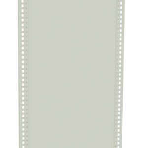 A plain, rectangular, light gray metal panel with perforated edges on both sides stands vertically against a white background.