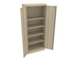 A beige metal storage cabinet with two open doors, revealing five empty shelves. The cabinet is upright and viewed from a slight angle, highlighting the spacious interior.
