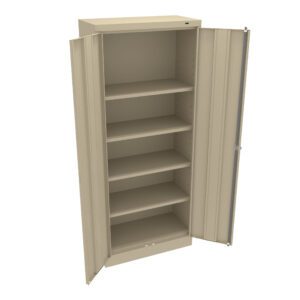 A beige metal storage cabinet with two open doors, revealing five empty shelves. The cabinet is upright and viewed from a slight angle, highlighting the spacious interior.
