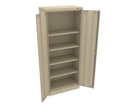 A beige metal storage cabinet with two open doors, revealing five empty shelves. The cabinet is upright and viewed from a slight angle, highlighting the spacious interior.