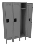 Three grey metal lockers stand side by side. The left and middle lockers are closed, while the right locker is open, revealing an empty interior with a shelf and hanging rod.
