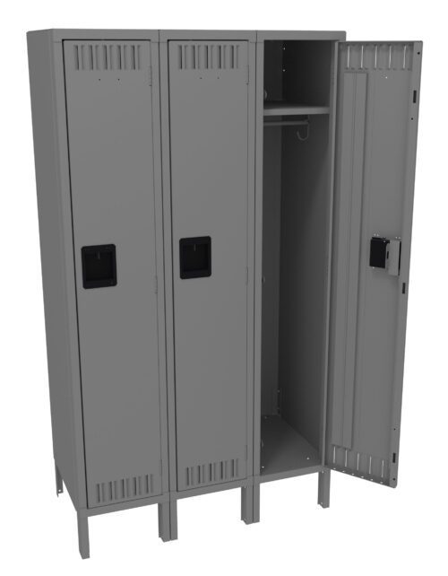 Three grey metal lockers stand side by side. The left and middle lockers are closed, while the right locker is open, revealing an empty interior with a shelf and hanging rod.