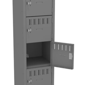 A tall, gray metal locker with six compartments, each secured with a lock. One middle compartment door is open, showing the interior shelf. The locker stands on four legs.