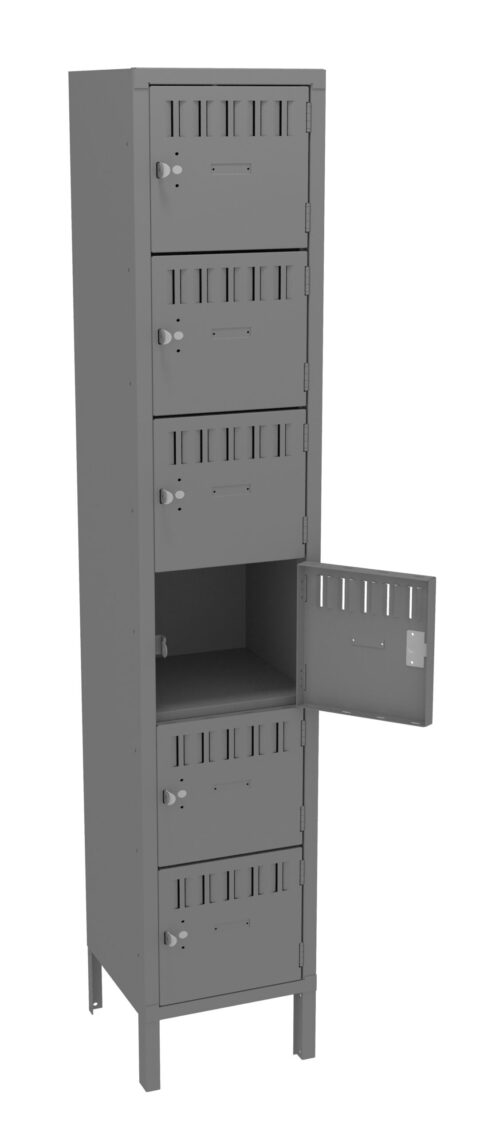 A tall, gray metal locker with six compartments, each secured with a lock. One middle compartment door is open, showing the interior shelf. The locker stands on four legs.