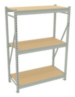 A metal shelving unit with three wooden shelves, featuring a light gray frame and a simple, sturdy design. The shelves are evenly spaced, with open sides and back, suitable for storage or organizational purposes.