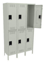 A set of six light gray metal lockers arranged in two rows and three columns. The top middle locker door is open, revealing an empty interior. Each locker has a black rectangular handle and ventilation slots.