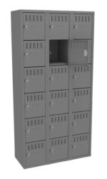 A tall metal locker unit with multiple compartments, arranged in four columns. One compartment is open, revealing an empty space inside. The lockers are designed with small vents and equipped with combination locks. The unit is gray.