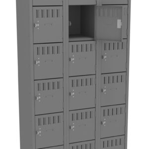 A tall metal locker unit with multiple compartments, arranged in four columns. One compartment is open, revealing an empty space inside. The lockers are designed with small vents and equipped with combination locks. The unit is gray.