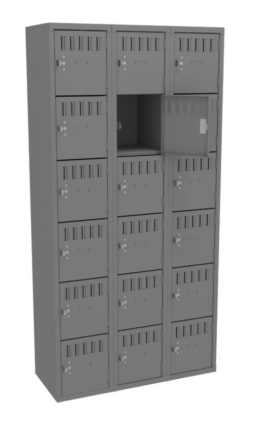 A tall metal locker unit with multiple compartments, arranged in four columns. One compartment is open, revealing an empty space inside. The lockers are designed with small vents and equipped with combination locks. The unit is gray.